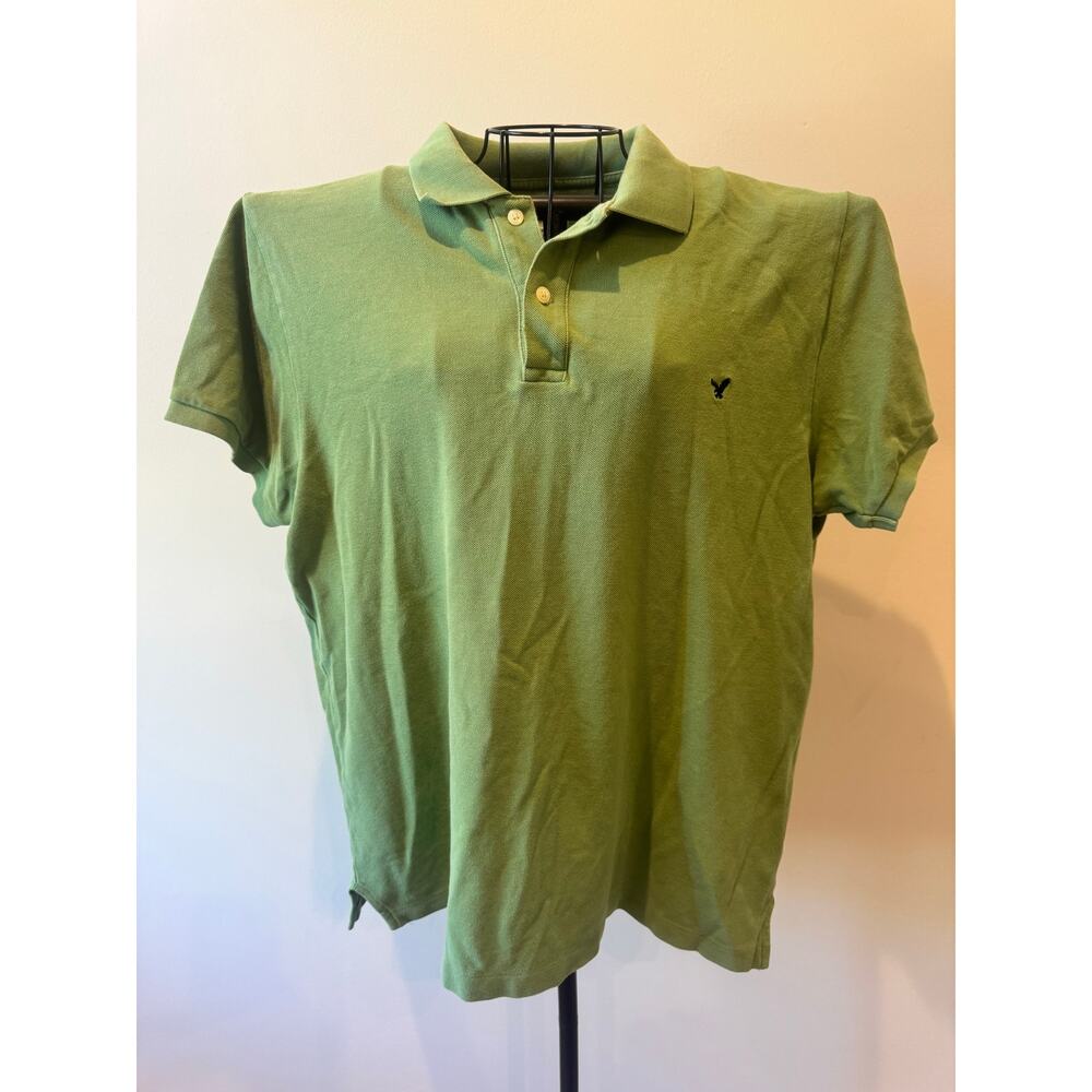 American Eagle Polo Shirt Mens Large Green Distressed Washed Cotton
